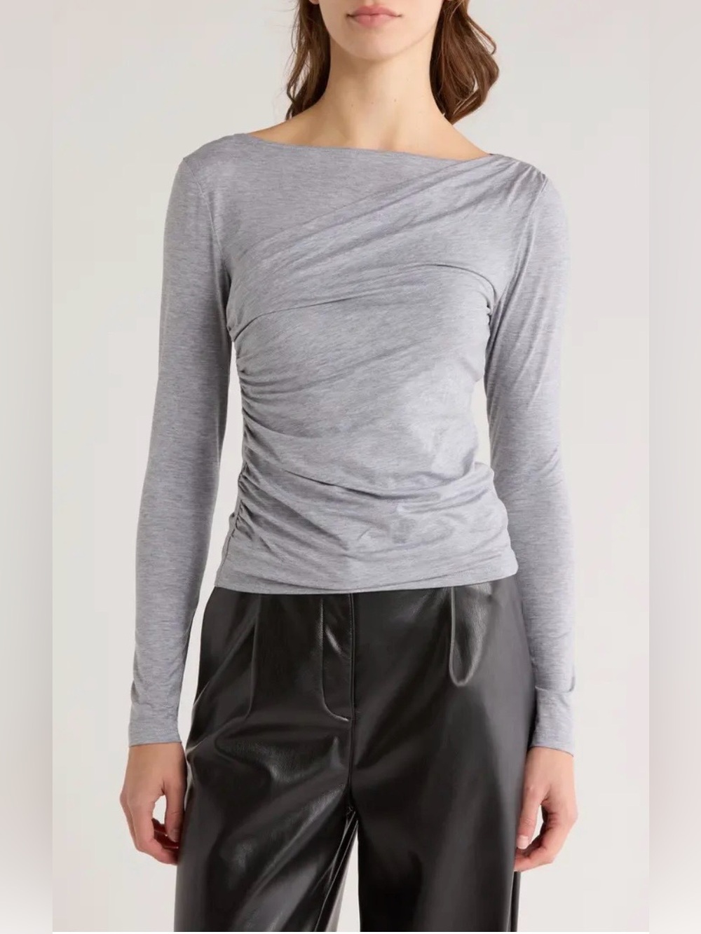 Elodie Gray Ruched Asymmetrical Long Sleeve Top Size Large Soft Stretch Knit